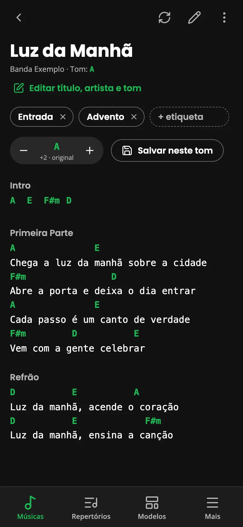 Cifra aberta, com o tom mudado e o botão Salvar neste tom