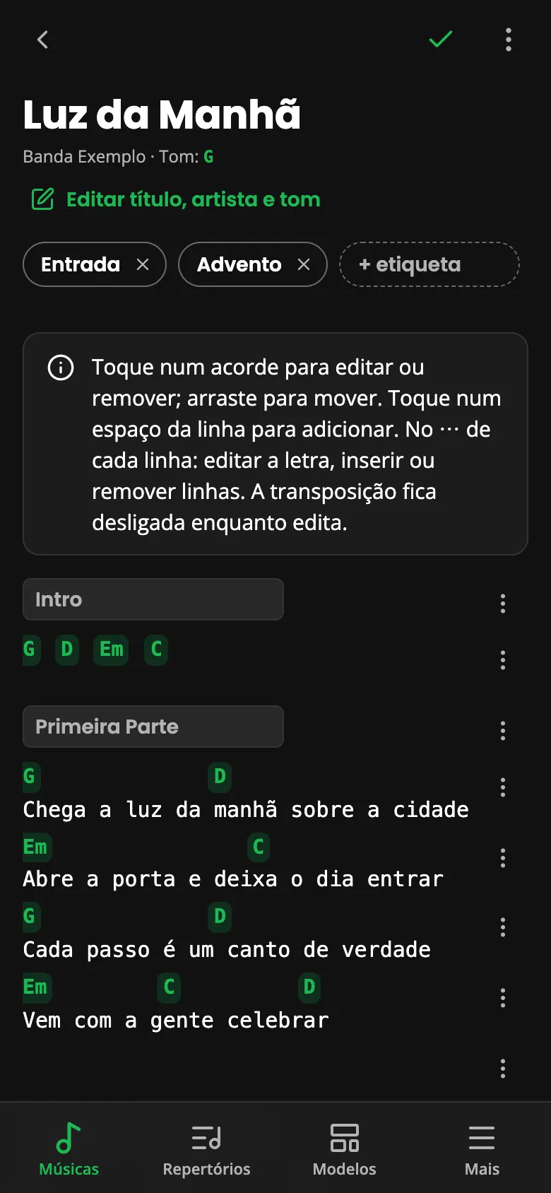 Cifra em modo de edição