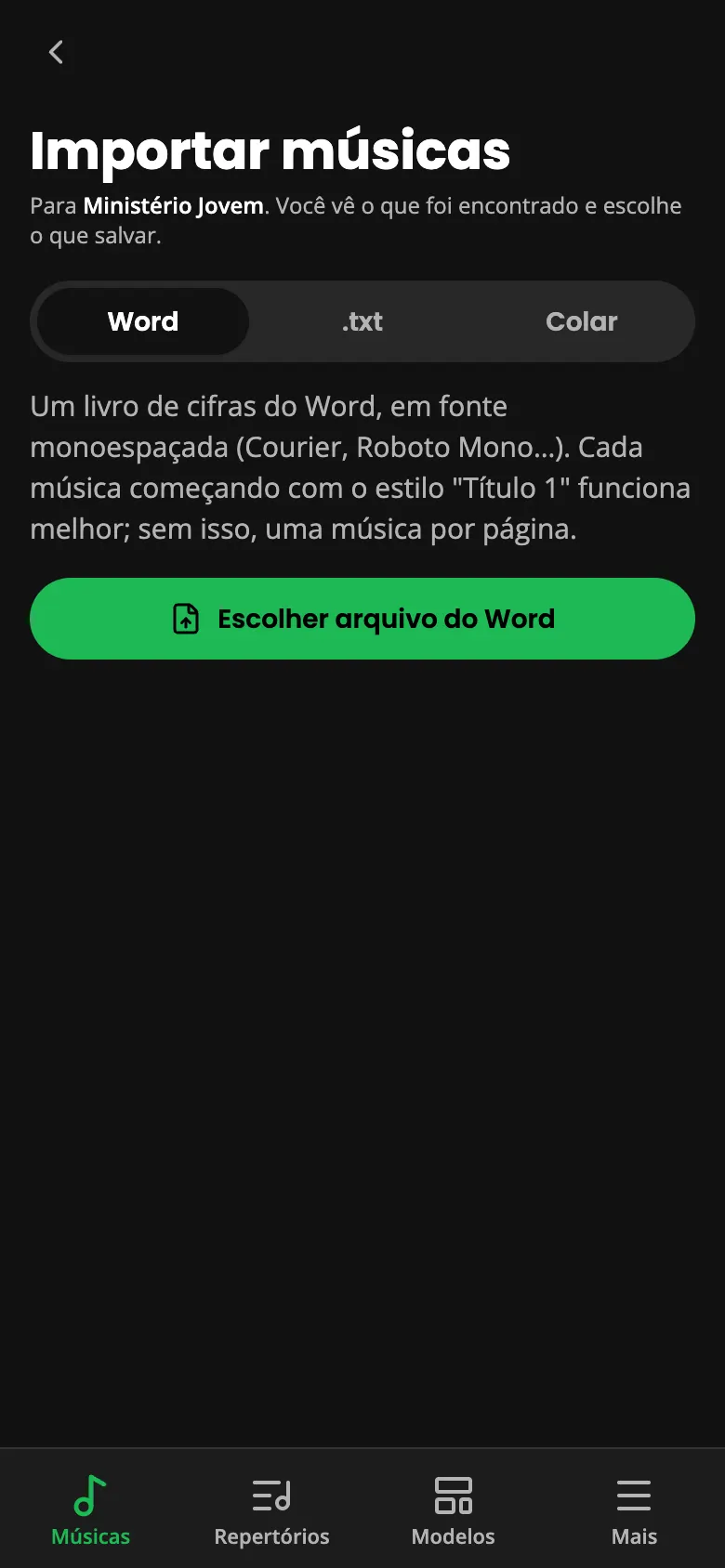 Tela de importar músicas: Word, .txt ou colar