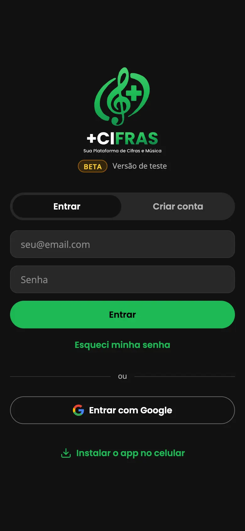 Tela de entrar, com e-mail, senha e o botão Entrar com Google