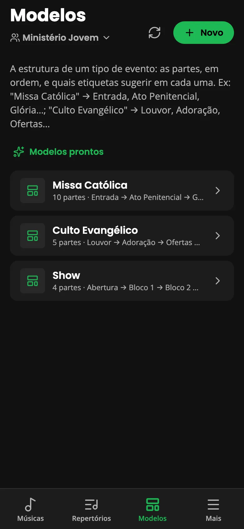 Lista de modelos: Missa Católica, Culto Evangélico e Show