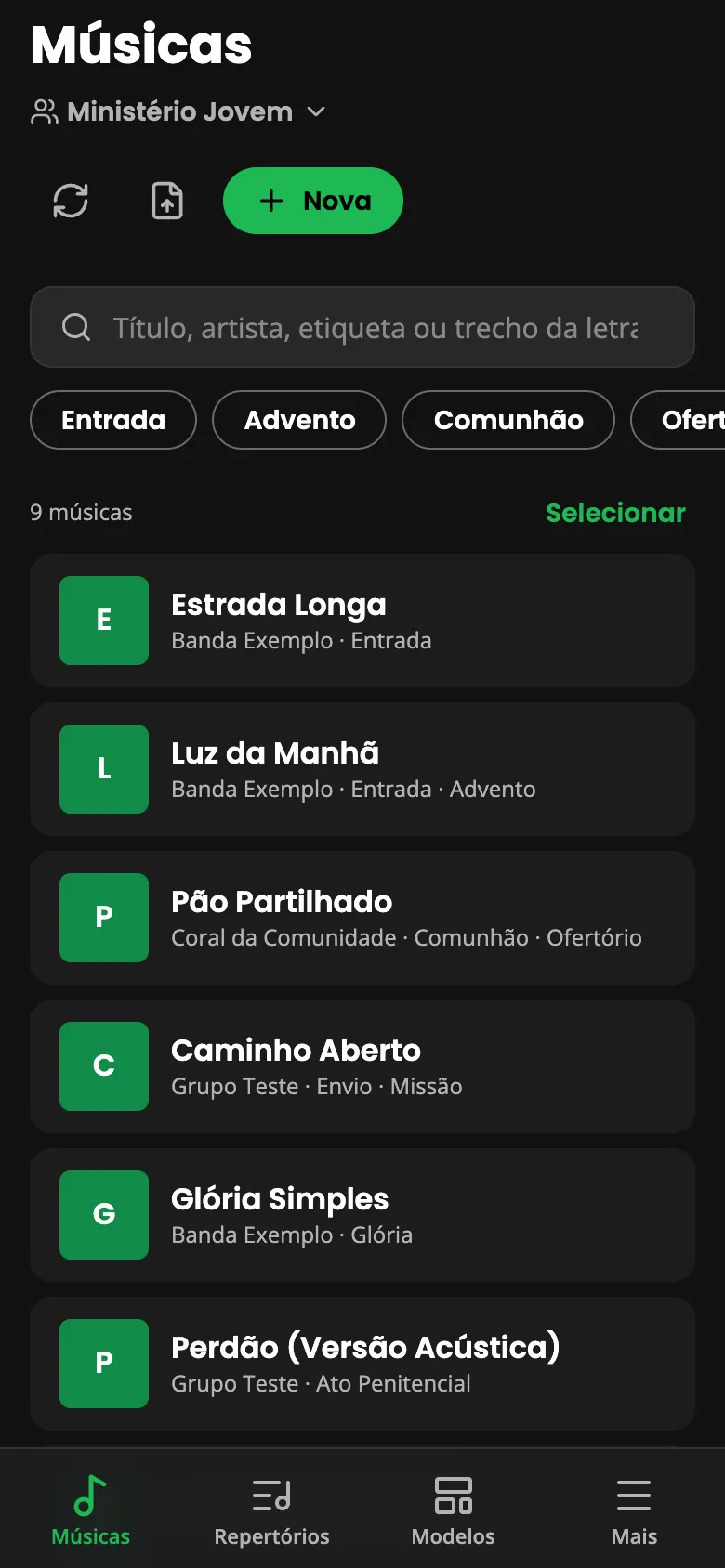 Lista de músicas com busca e etiquetas