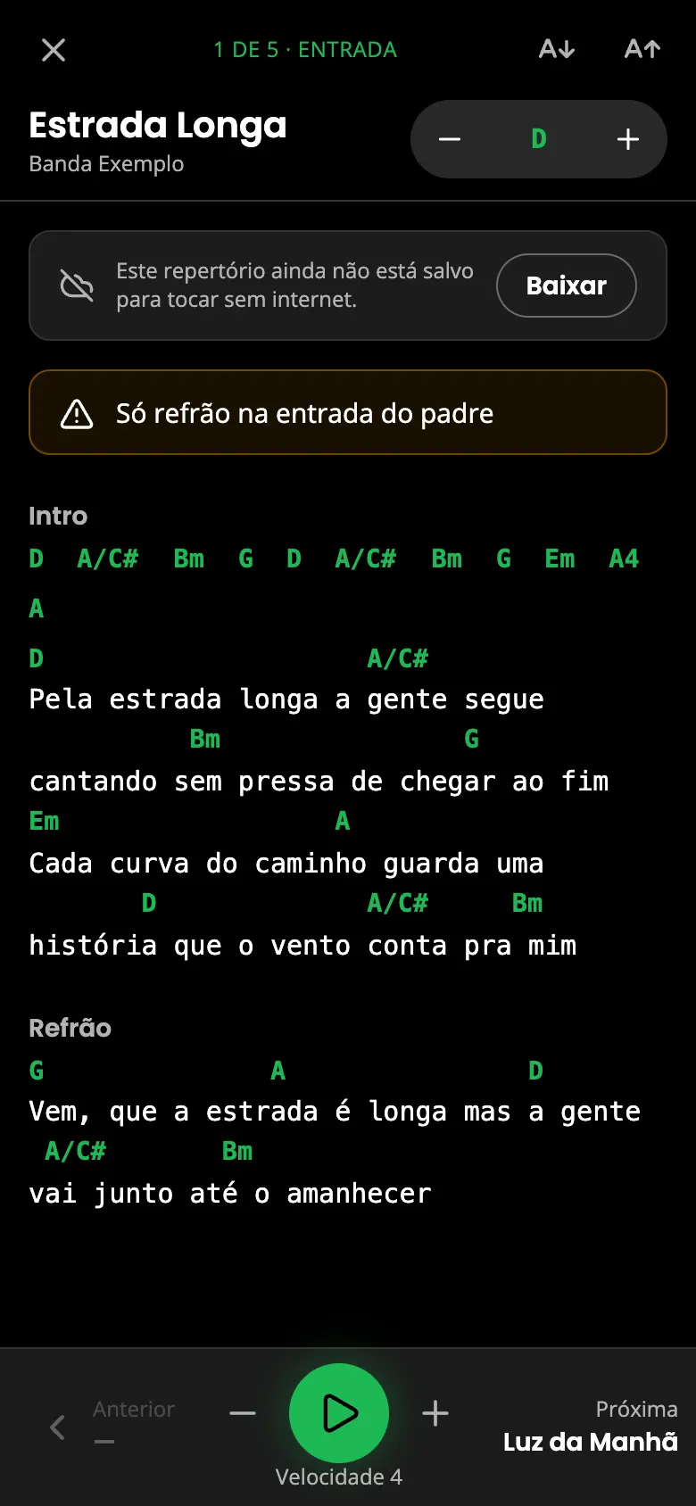 Modo palco mostrando uma cifra com rolagem automática