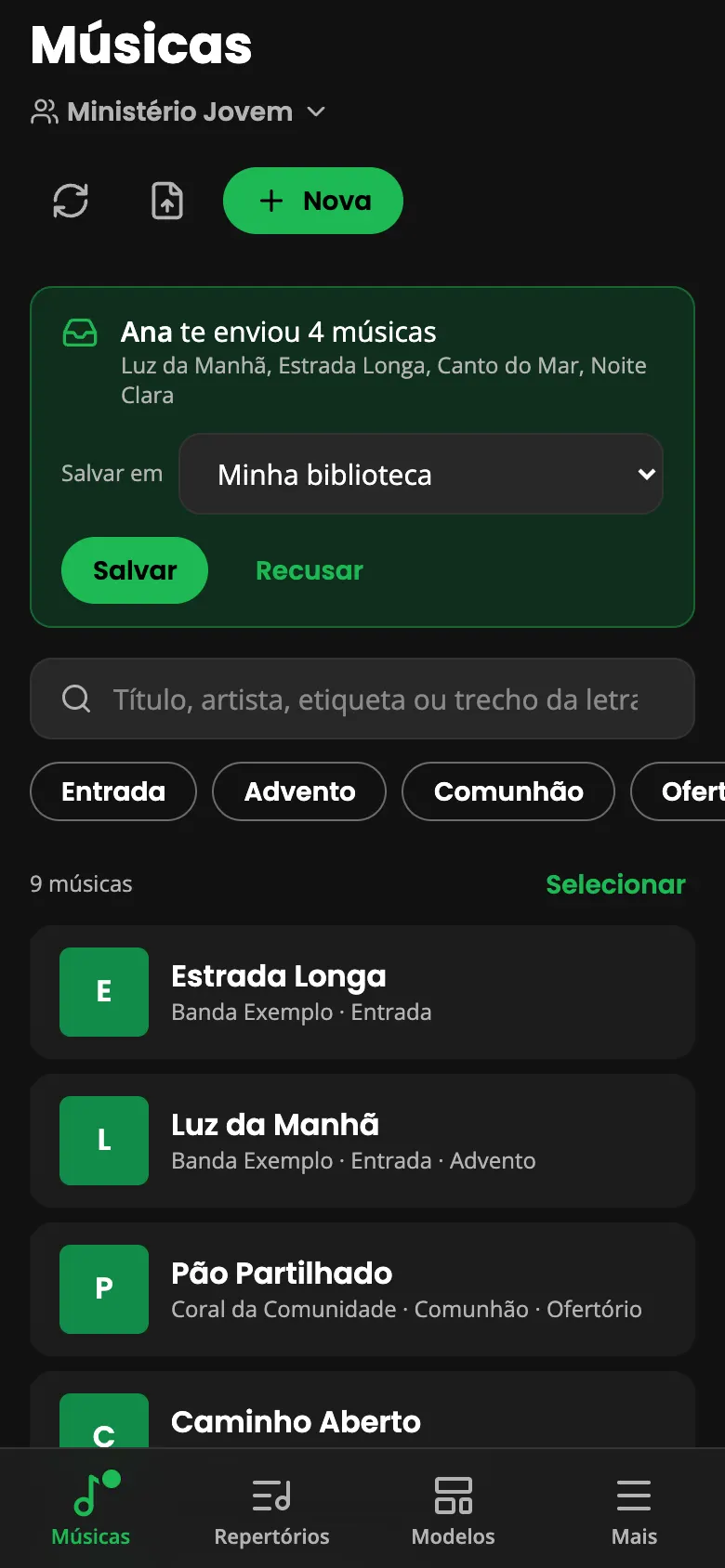 Aviso em Músicas: alguém te enviou músicas, com Salvar e Recusar