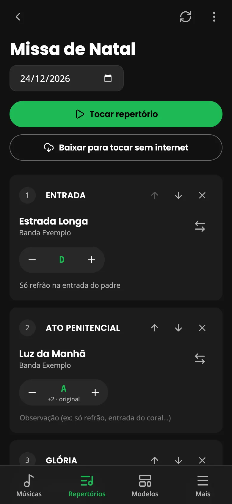 Repertório de uma missa com a música e o tom de cada parte